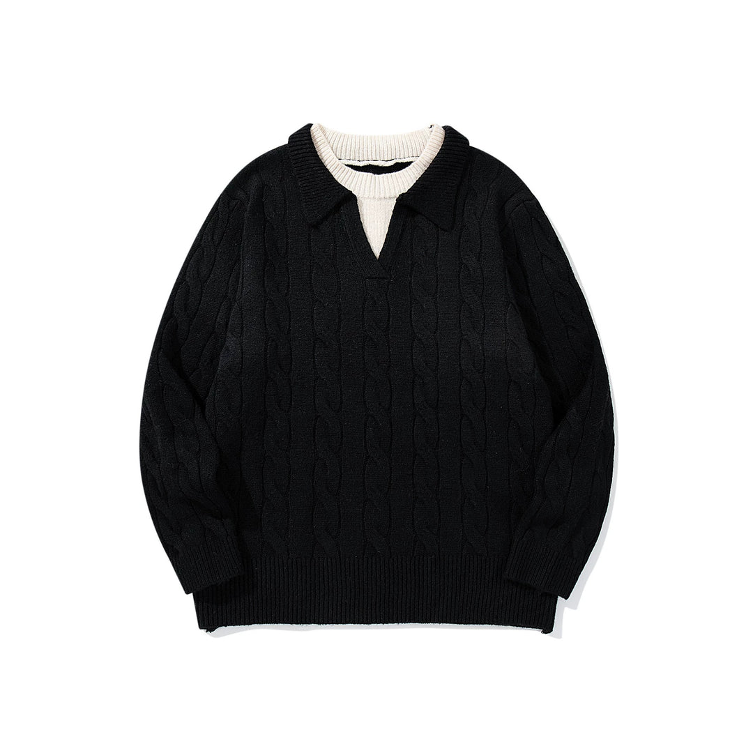 Unisex Strukturiertes Zopfstrick-Pullover mit Polokragen und tiefem V‑Ausschnitt Echoarchiv