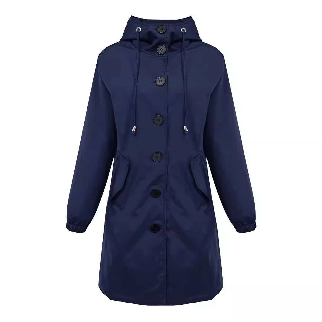 Damen nan leichter Regenparka mit Kapuze, überlanger Knopfleiste, Tunnelzug und aufgesetzten Taschen Echo Archiv