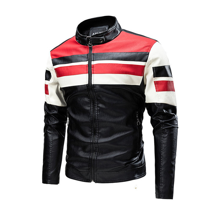 Herren Motorrad-Lederjacke im Retro-Racing-Look mit Kontraststreifen und Stehkragen – Valtoré