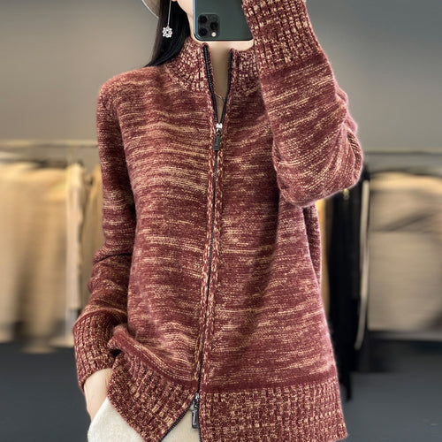 Damen Reißverschluss‑Strickjacke mit melierter Struktur und Stehkragen Echoarchiv