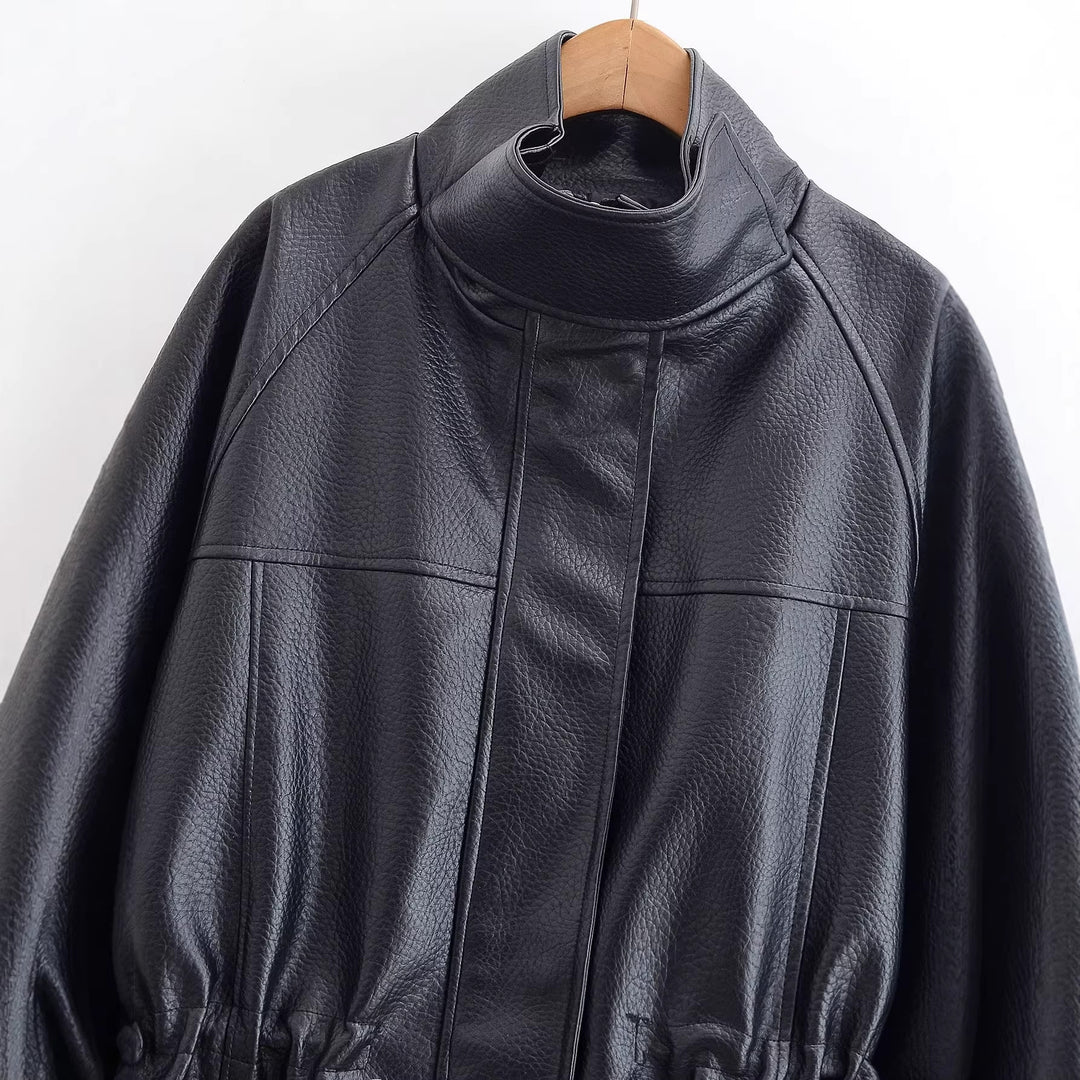 Damen Oversized Jacke in Lederoptik mit Stehkragen und Taillenkordel Echo Archiv