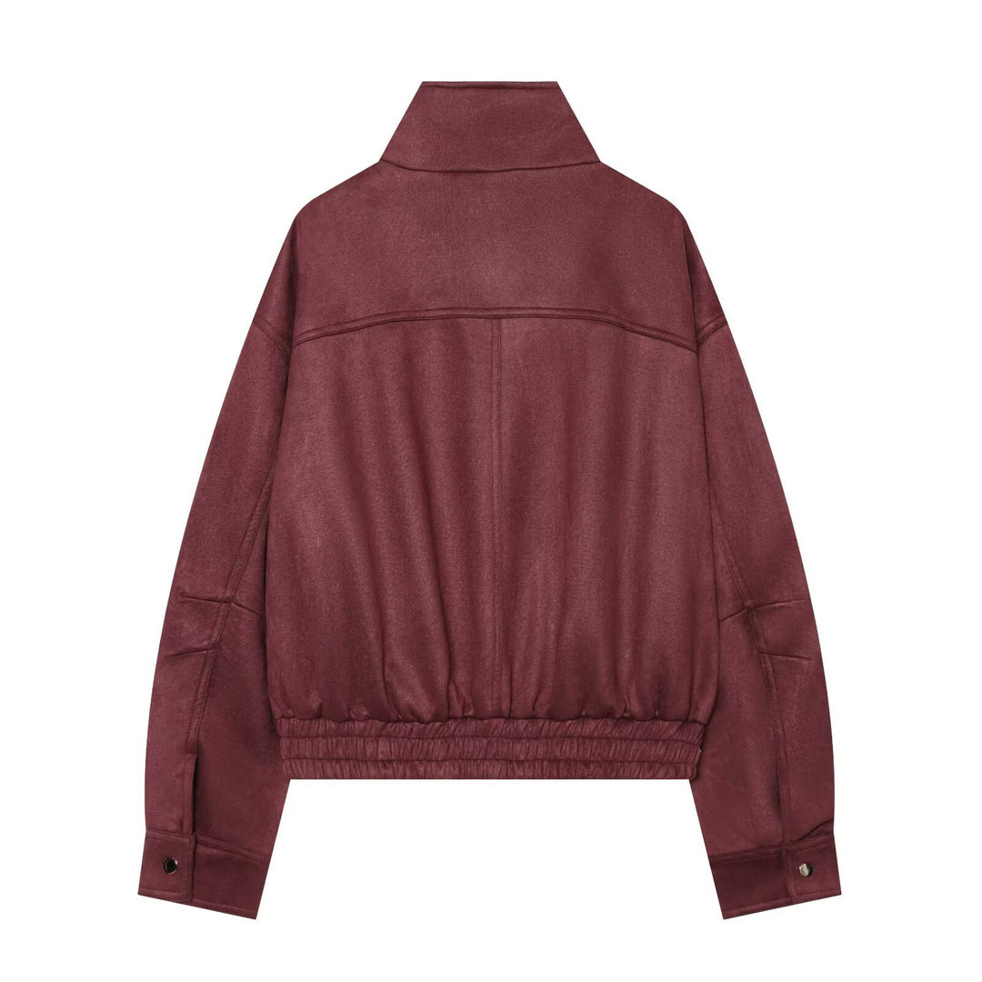 Damen Kurzblouson aus Velourslederoptik mit Stehkragen und elastischem Saum Echo Archiv