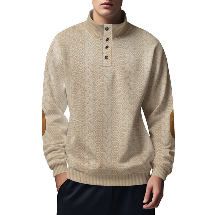 Herren nan strukturiertes Kabelstrick-Henley-Pullover mit Stehkragen und Ellbogenpatches Echo Archiv