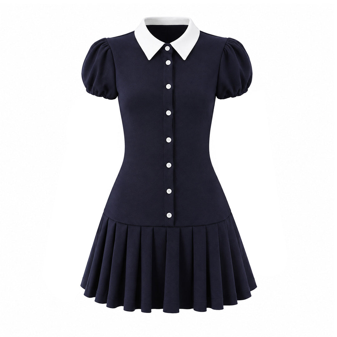 Damen Figurbetontes Hemdblusenkleid mit Puffärmeln und plissiertem Faltenrock Echoarchiv