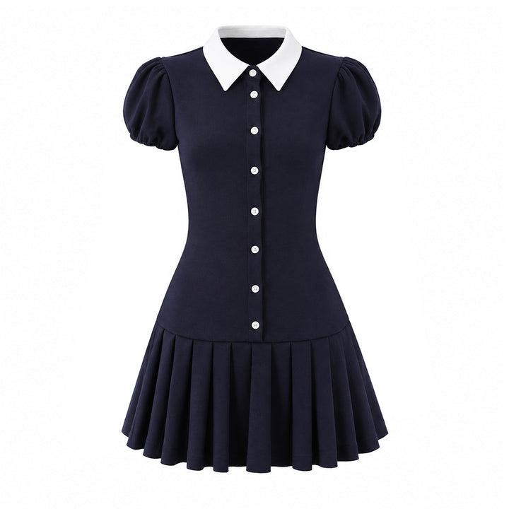 Damen Figurbetontes Hemdblusenkleid mit Puffärmeln und plissiertem Faltenrock Echoarchiv