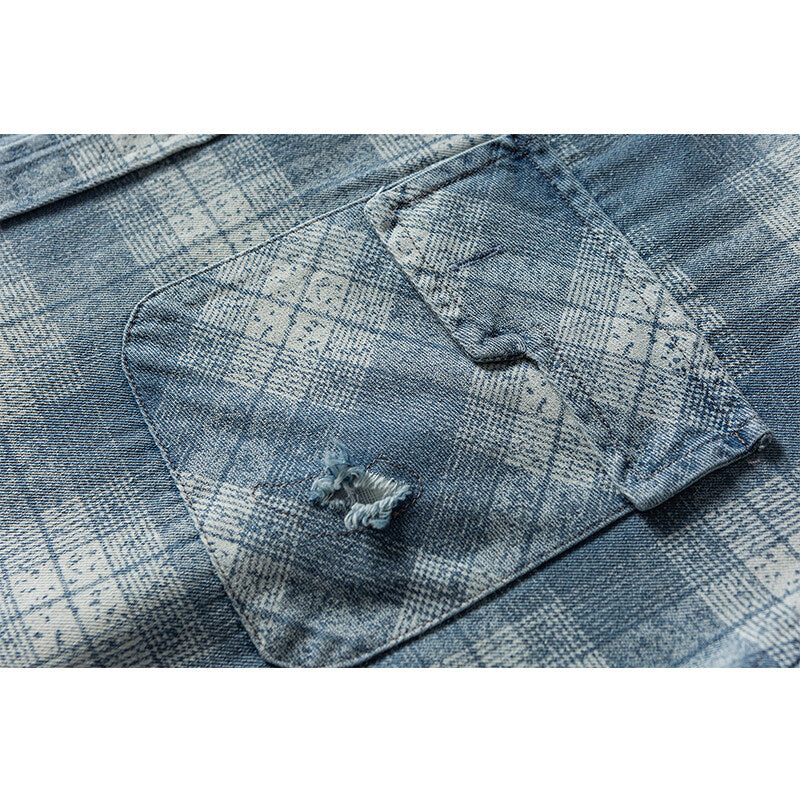 Herren Lockeres Karo-Hemd im Vintage-Denim-Look mit aufgesetzter Brusttasche und Used-Details Echoarchiv