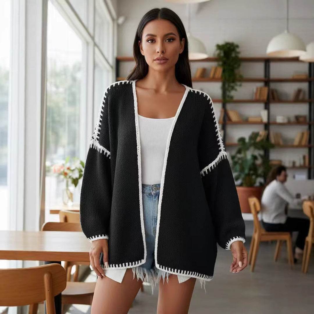Damen Oversize-Strickjacke mit kontrastierender Häkelkante und überschnittener Schulter Echo Archiv