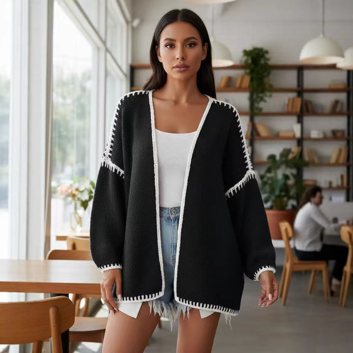 Damen Oversize-Strickjacke mit kontrastierender Häkelkante und überschnittener Schulter Echo Archiv