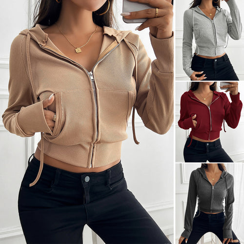 Damen nan schmal geschnittene Feinstrick-Hoodiejacke mit Metallzipper, Kängurutaschen und Daumenlochbündchen Echo Archiv