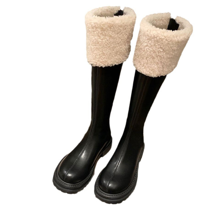 Damen Kniehohe Stiefel mit Teddyfutter-Bündchen und geformter Plateau-Sohle Echo Archiv