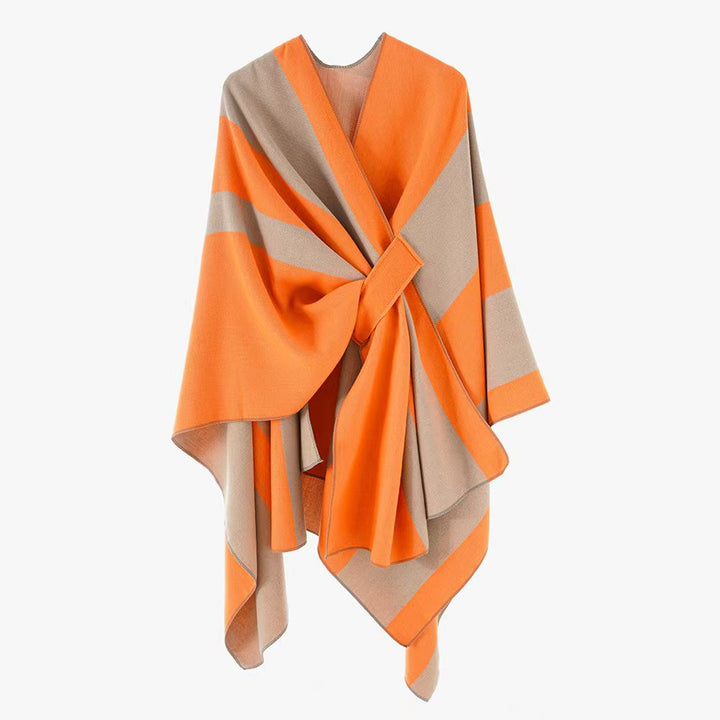 Damen Wickel‑Cape mit breitem Streifenmuster und Bindegürtel – Avérine