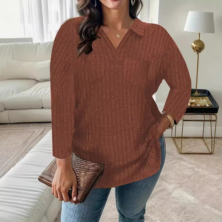 Damen Gerippter V-Ausschnitt Pullover mit Hemdkragen und lockerer Tunika-Silhouette Echoarchiv