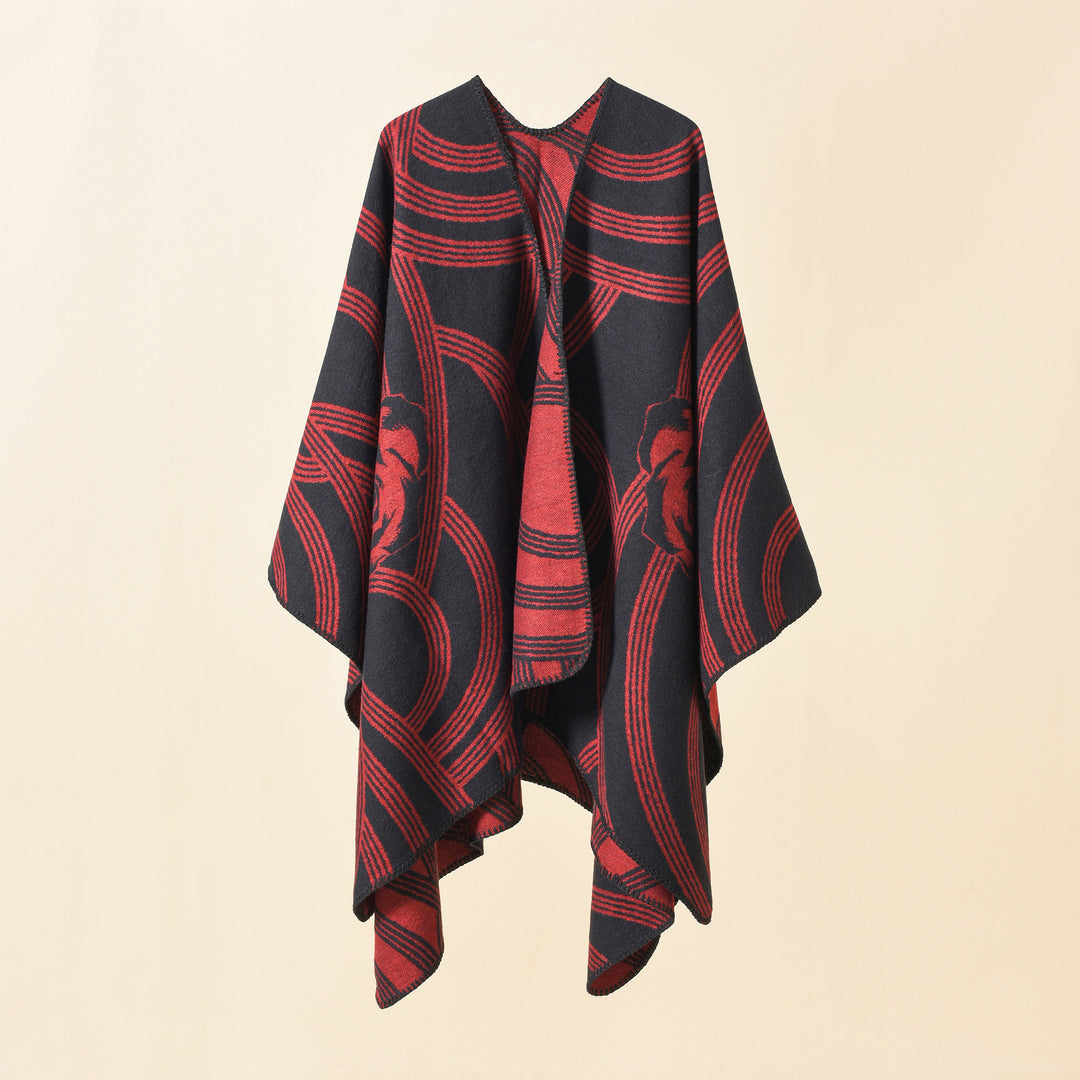 Damen Reversfreier Jacquard-Umhang im kastigen Oversize mit abstraktem Medaillonmuster Echo Archiv