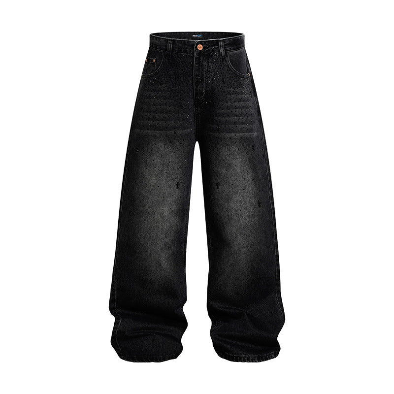 Damen Weite hochgeschnittene Baggy-Jeans mit Used-Wash und Steppdetail Echoarchiv