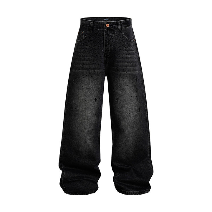 Damen Weite hochgeschnittene Baggy-Jeans mit Used-Wash und Steppdetail Echoarchiv