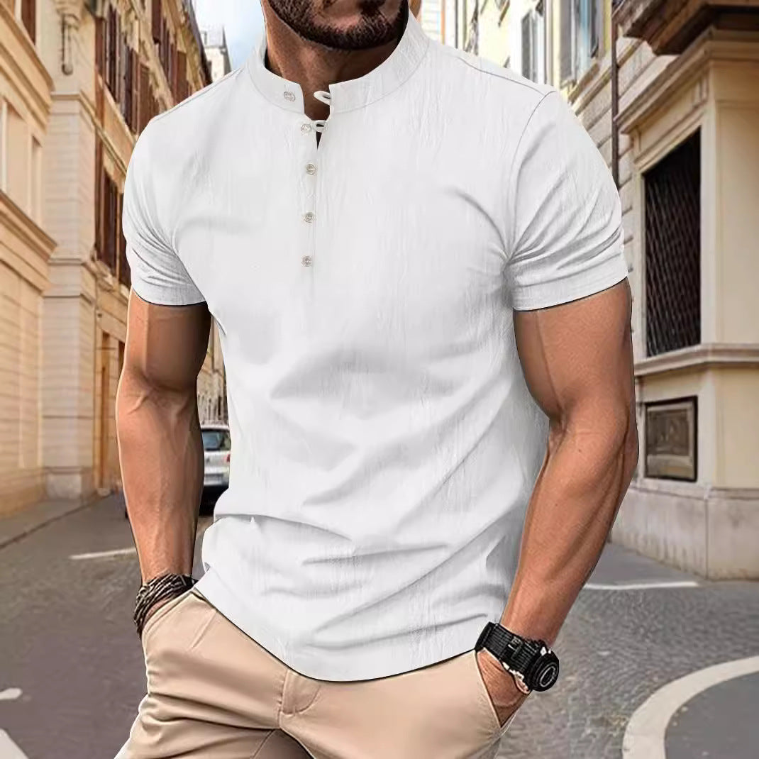 Herren Kurzarmshirt mit modernem Stehkragen und Knopfleiste Echoarchiv