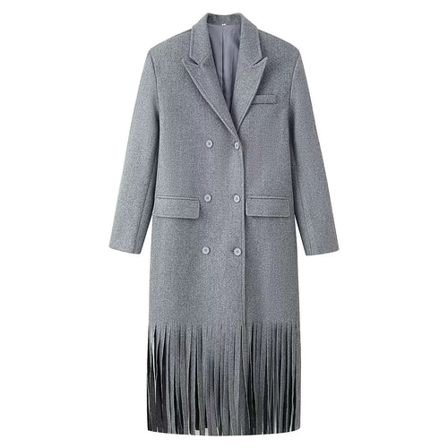 Damen langer zweireihiger Wollmix Mantel mit Fransenabschluss und Pattentaschen – Montévia