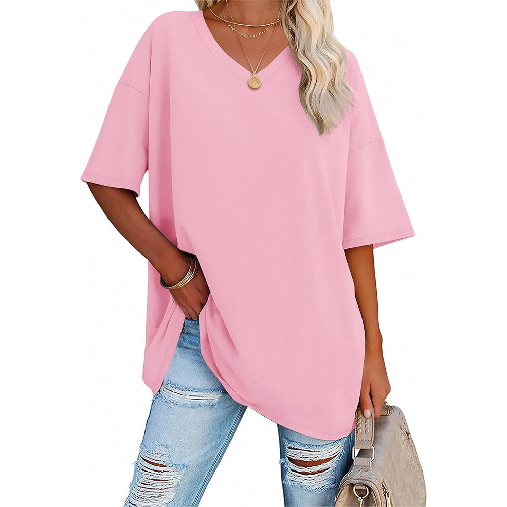 Damen Oversized T-Shirt mit V-Ausschnitt und seitlichen Schlitzen Echoarchiv