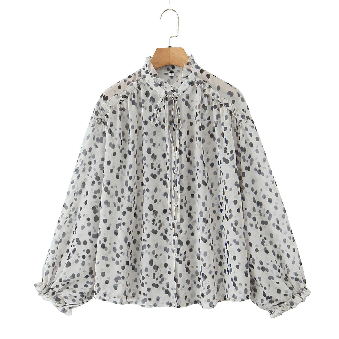 Damen Chiffonbluse mit Volant-Stehkragen, Bindeband, Knopfleiste und ballonförmigen Ärmeln – Élovi