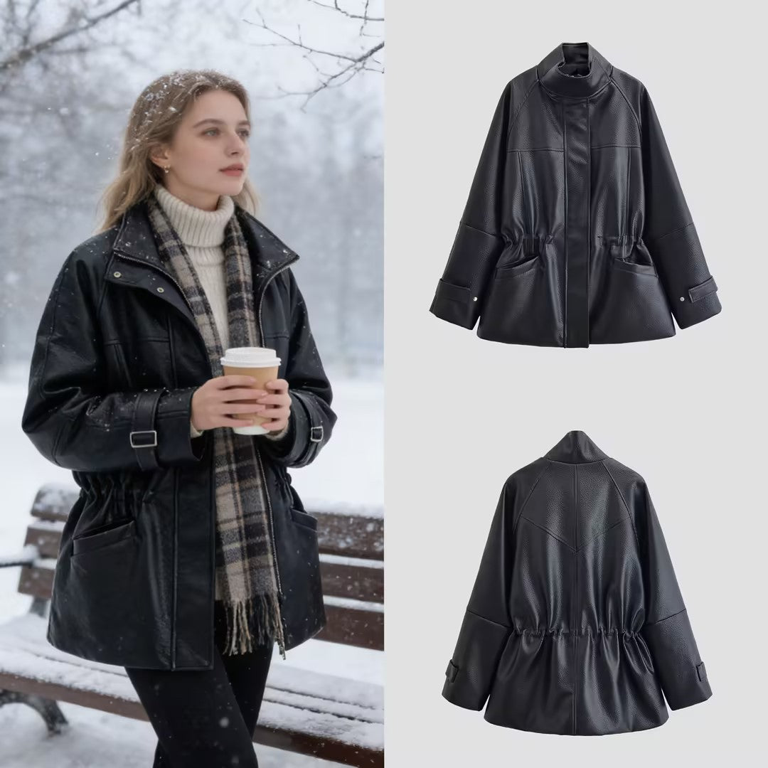 Damen Oversize-Kunstlederjacke mit Stehkragen, Taillen-Tunnelzug und aufgesetzten Taschen Echo Archiv