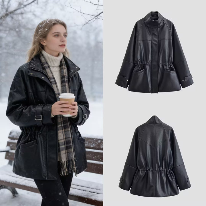 Damen Oversize-Kunstlederjacke mit Stehkragen, Taillen-Tunnelzug und aufgesetzten Taschen Echo Archiv