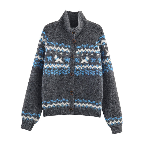 Damen Strick-Cardigan mit Norwegermuster und hohem Rollkragen Echoarchiv