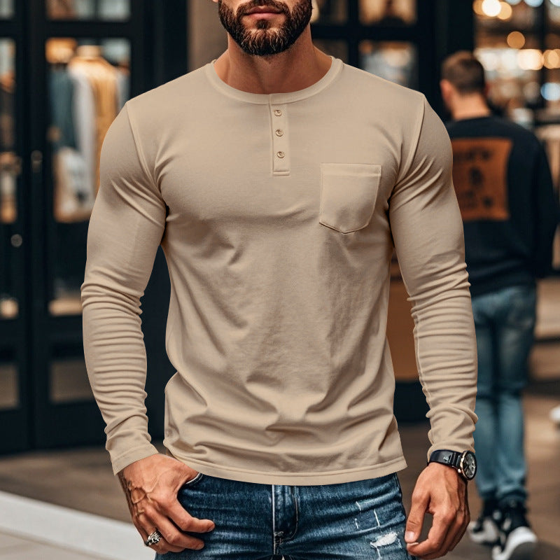 Herren Langarm-Henley-Shirt mit strukturierter Oberfläche und praktischer Brusttasche Echoarchiv