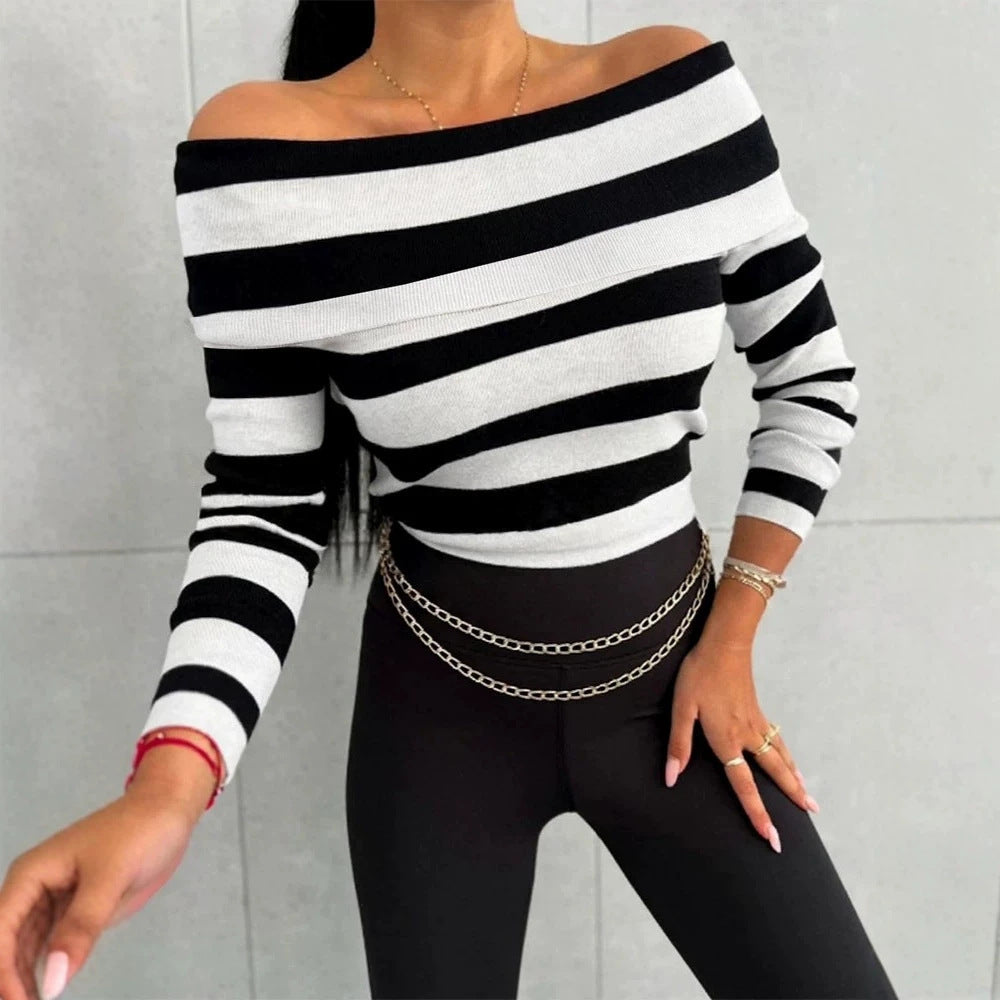 Damen Lässiges gestreiftes Oberteil im Off-Shoulder-Stil Echo Archiv