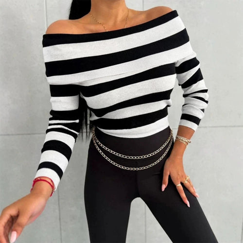 Damen Lässiges gestreiftes Oberteil im Off-Shoulder-Stil Echo Archiv