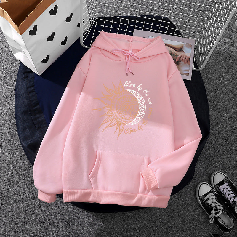Damen Kapuzenpullover mit Sonn-und-Mond-Mandala, Kängurutasche und angerautem Fleece – Auréline