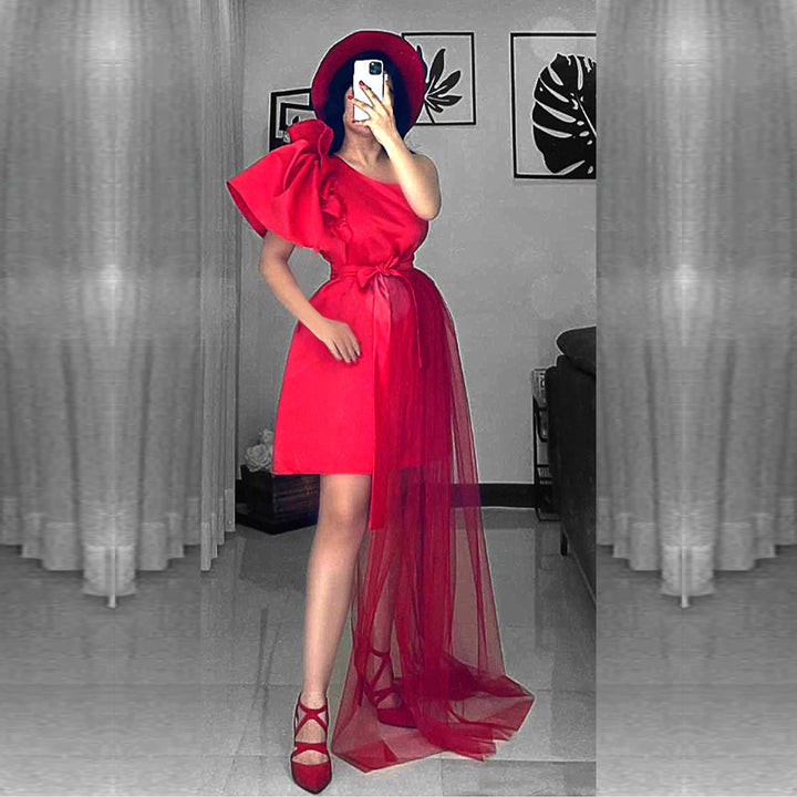 Damen asymmetrisches Cocktailkleid mit Volant und Taillenschnürung Echo Archiv