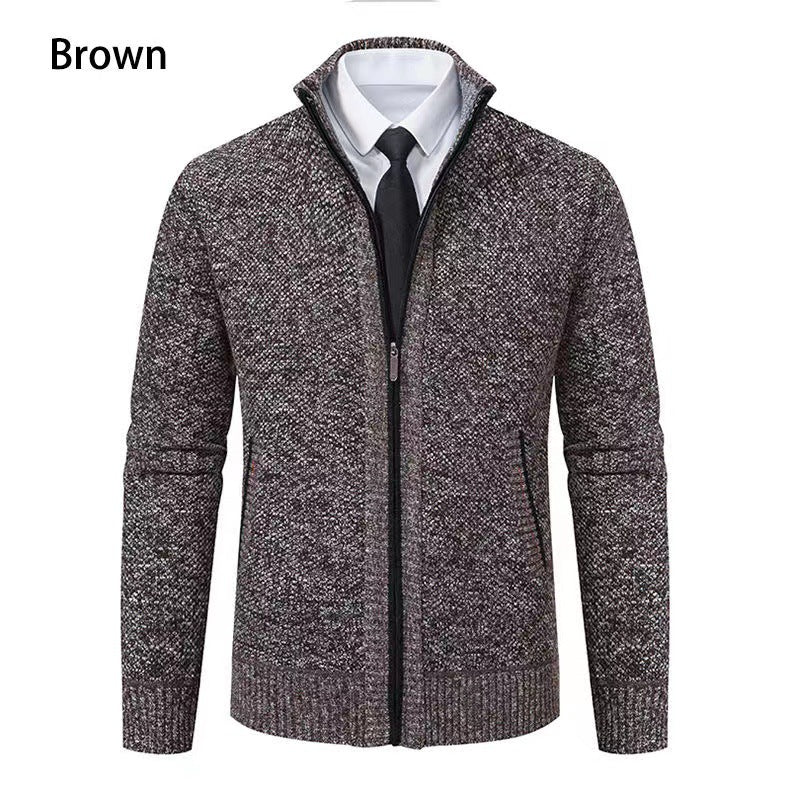 Herren nan melierte Strickzipjacke mit hohem Stehkragen, feiner Struktur und verdeckten Eingrifftaschen Echo Archiv