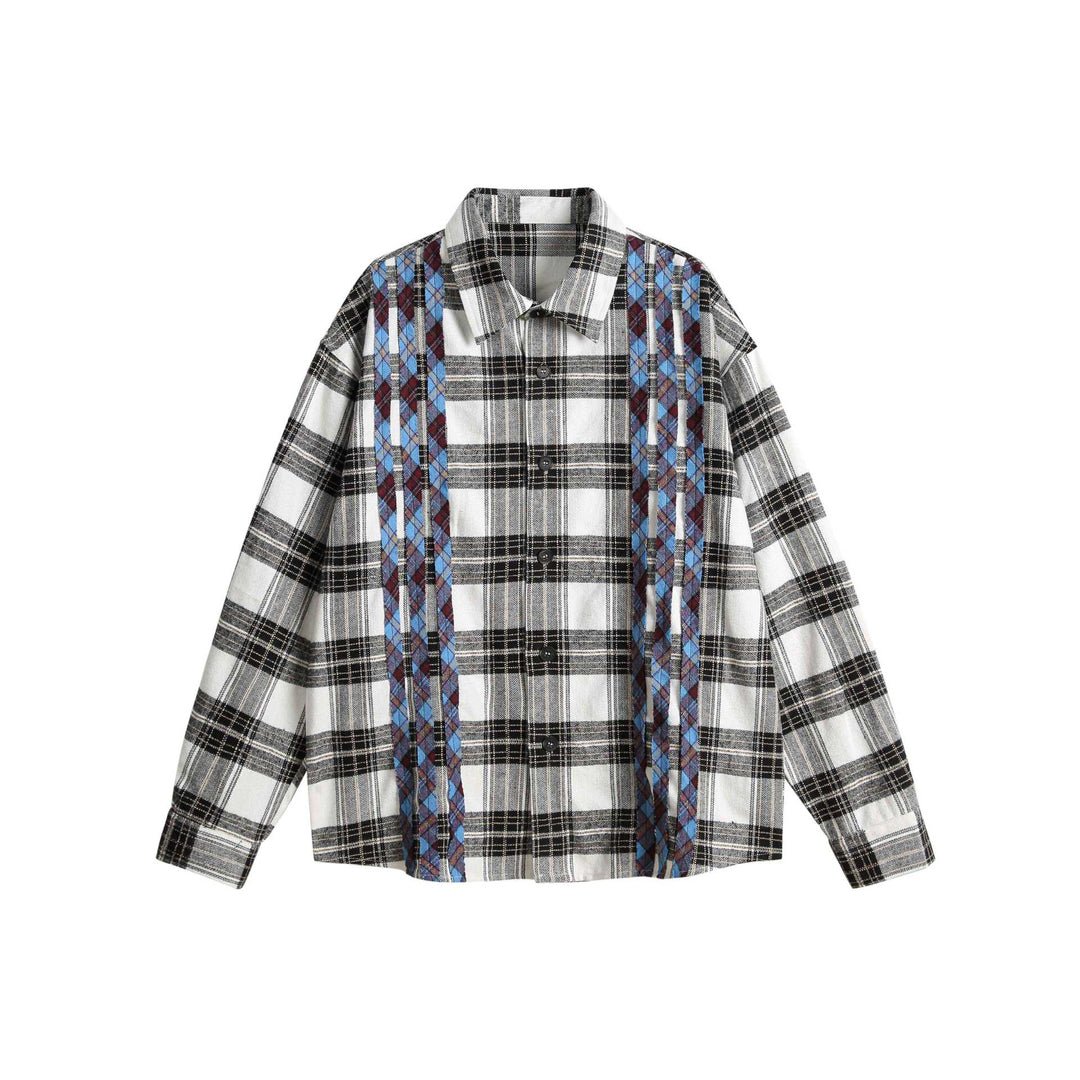 Unisex Oversize-Hemdjacke im Karo-Mix mit vertikaler Argyle-Stickerei Echoarchiv