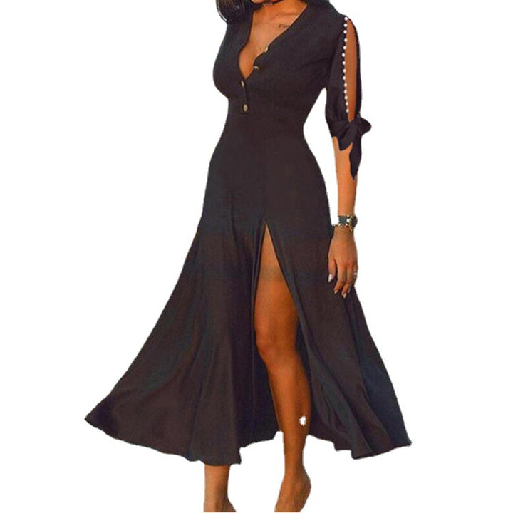 Damen nan Maxikleid im Abendlook mit tiefem V-Ausschnitt, hohen Frontschlitzen und geknoteten Cut-Out-Ärmeln Echo Archiv
