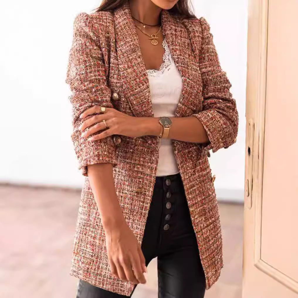 Damen nan taillierter kariert langer Blazer mit Doppelreiher und Schulterpolstern Echo Archiv