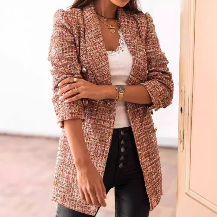 Damen nan taillierter kariert langer Blazer mit Doppelreiher und Schulterpolstern Echo Archiv