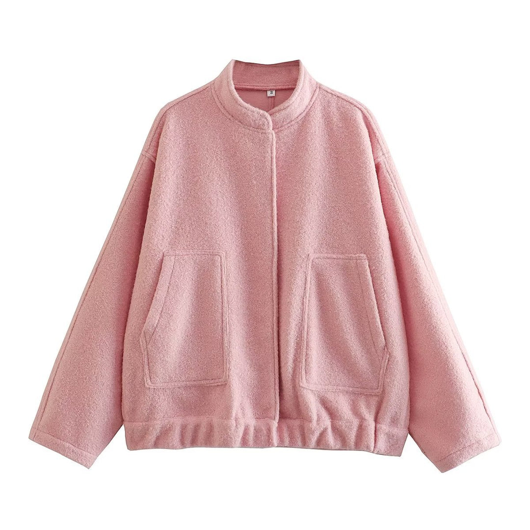 Damen boxy Wollmix-Blouson mit Stehkragen, verdeckter Frontleiste, Eingrifftaschen und elastischem Saum – Célinea