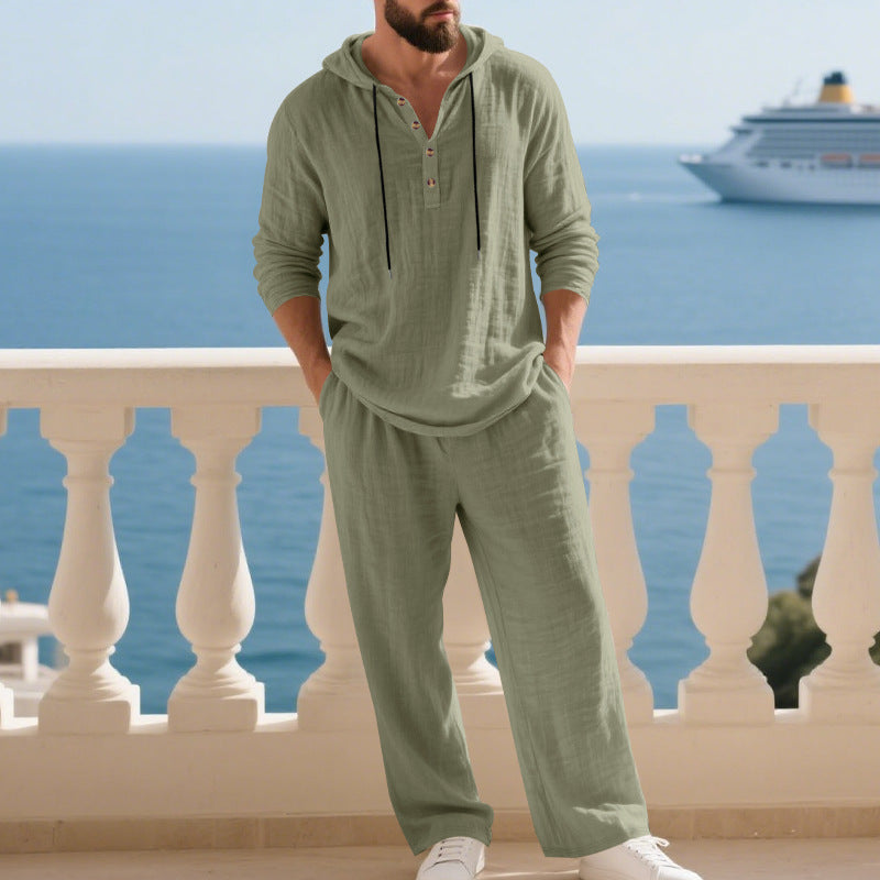 Herren lässiges Hoodie-Langarm-Set aus leichtem Leinenstoff Echoarchiv