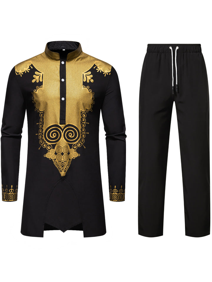 Herren Traditionelles Tunika-Set mit Mandarinkragen und goldverzierten Ornamenten Echo Archiv