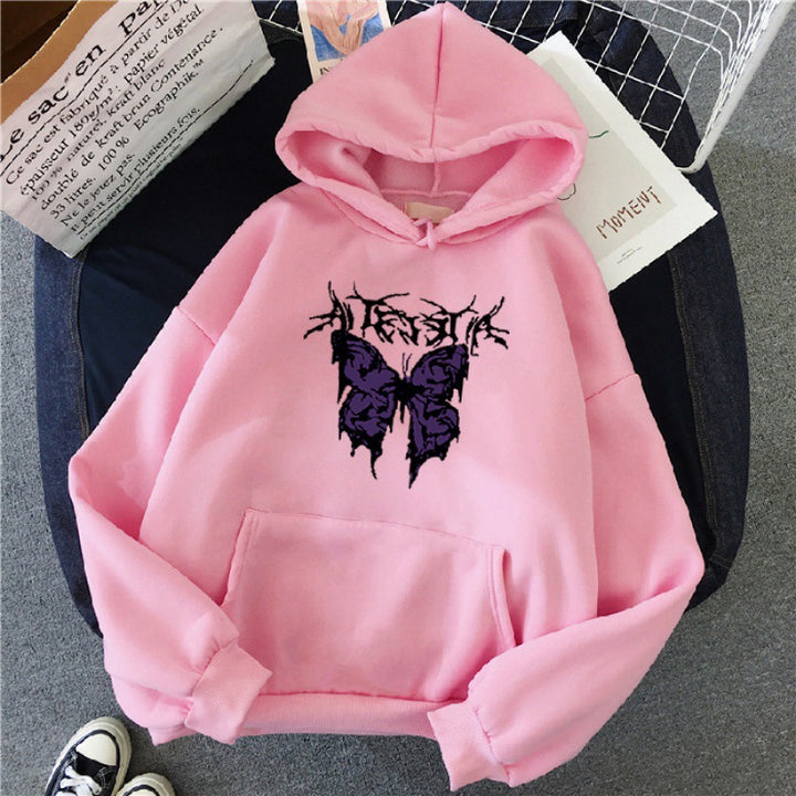 Damen Oversize-Kapuzenpullover mit gothischer Schmetterlings-Illustration und Kängurutasche – Auréline