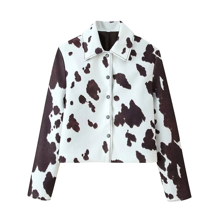 Damen kurzgeschnittene Hemdjacke mit Kuhfleckenmuster und Druckknopfverschluss – Célinea