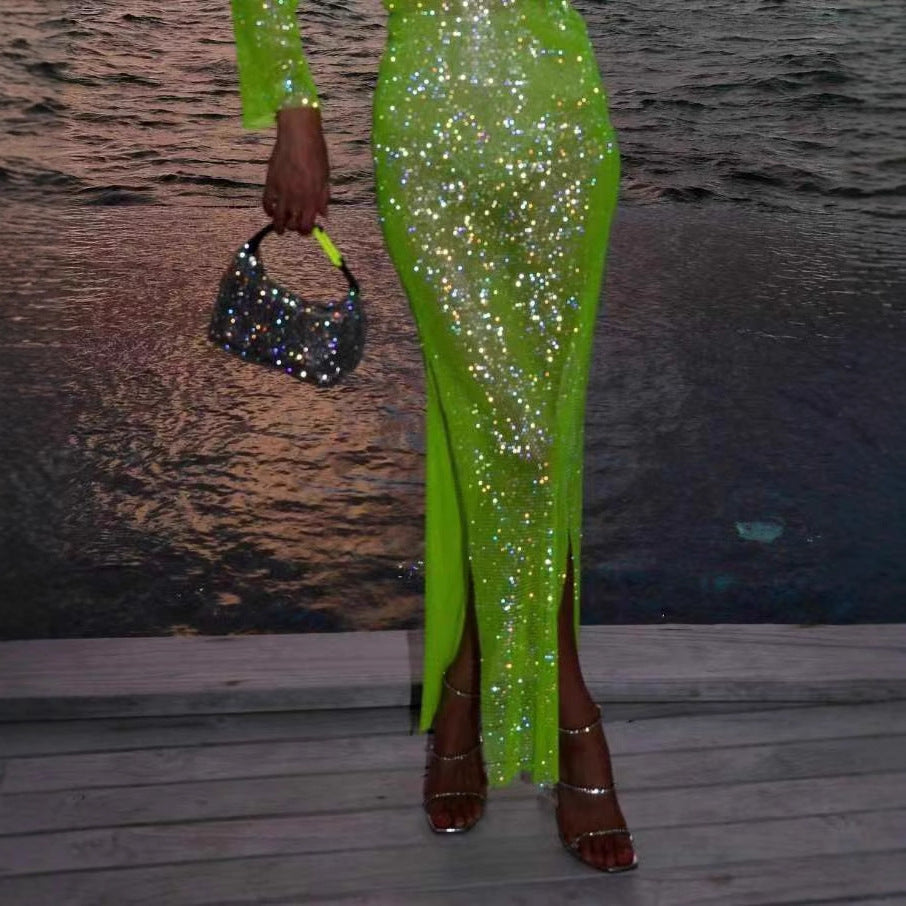 Damen Funkelndes Cocktailkleid im Mesh-Stil mit langen Ärmeln Echo Archiv
