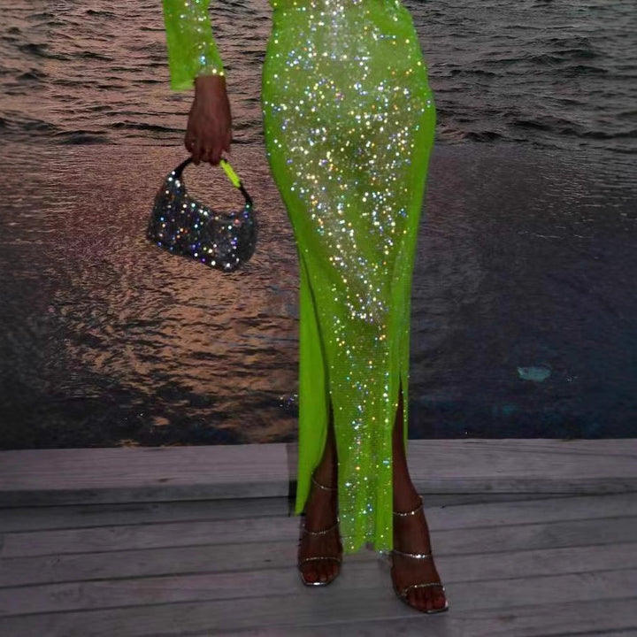 Damen Funkelndes Cocktailkleid im Mesh-Stil mit langen Ärmeln Echo Archiv