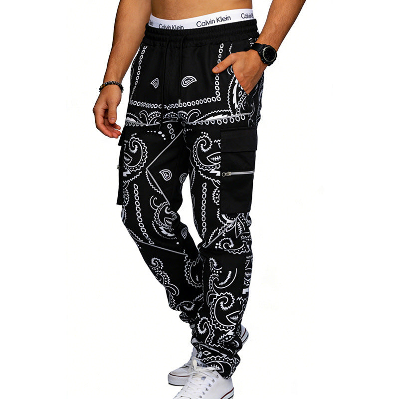 Herren nan Cargo-Jogginghose mit Paisley-Muster, elastischem Bund, multiple Reißverschluss- und Klappentaschen Echo Archiv