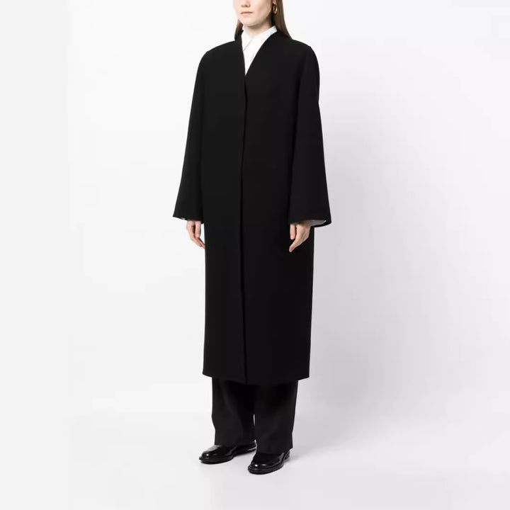 Damen Maxilanger minimalistischer Mantel mit verdeckter Front und kastiger Schulter Echoarchiv