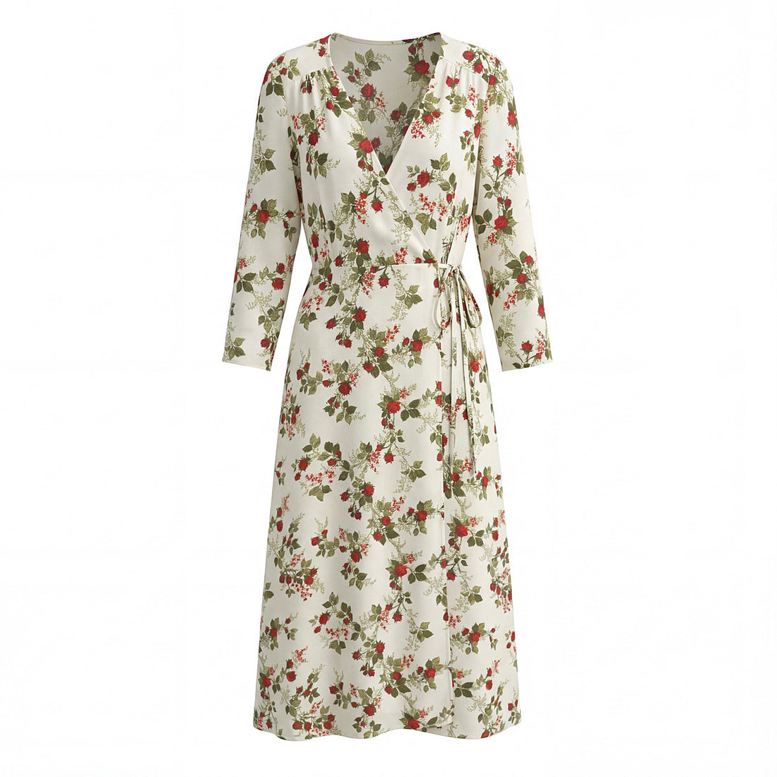 Damen Wickel-Midikleid mit V-Ausschnitt, Bindegürtel und floraler Allover-Print Echoarchiv
