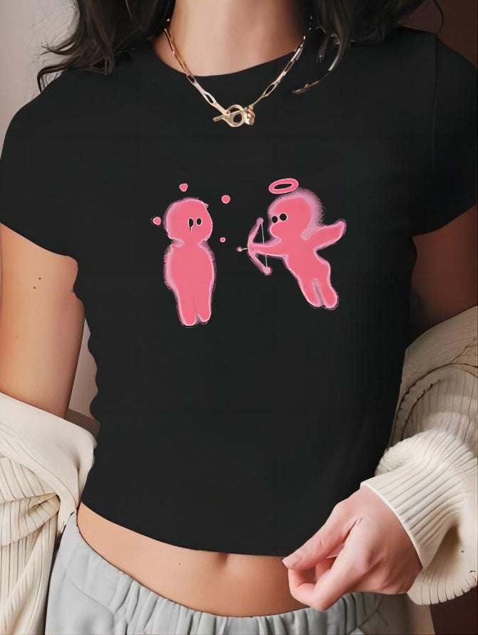 Damen figurbetontes Kurzarm-T-Shirt mit verspieltem Aufdruck Echo Archiv