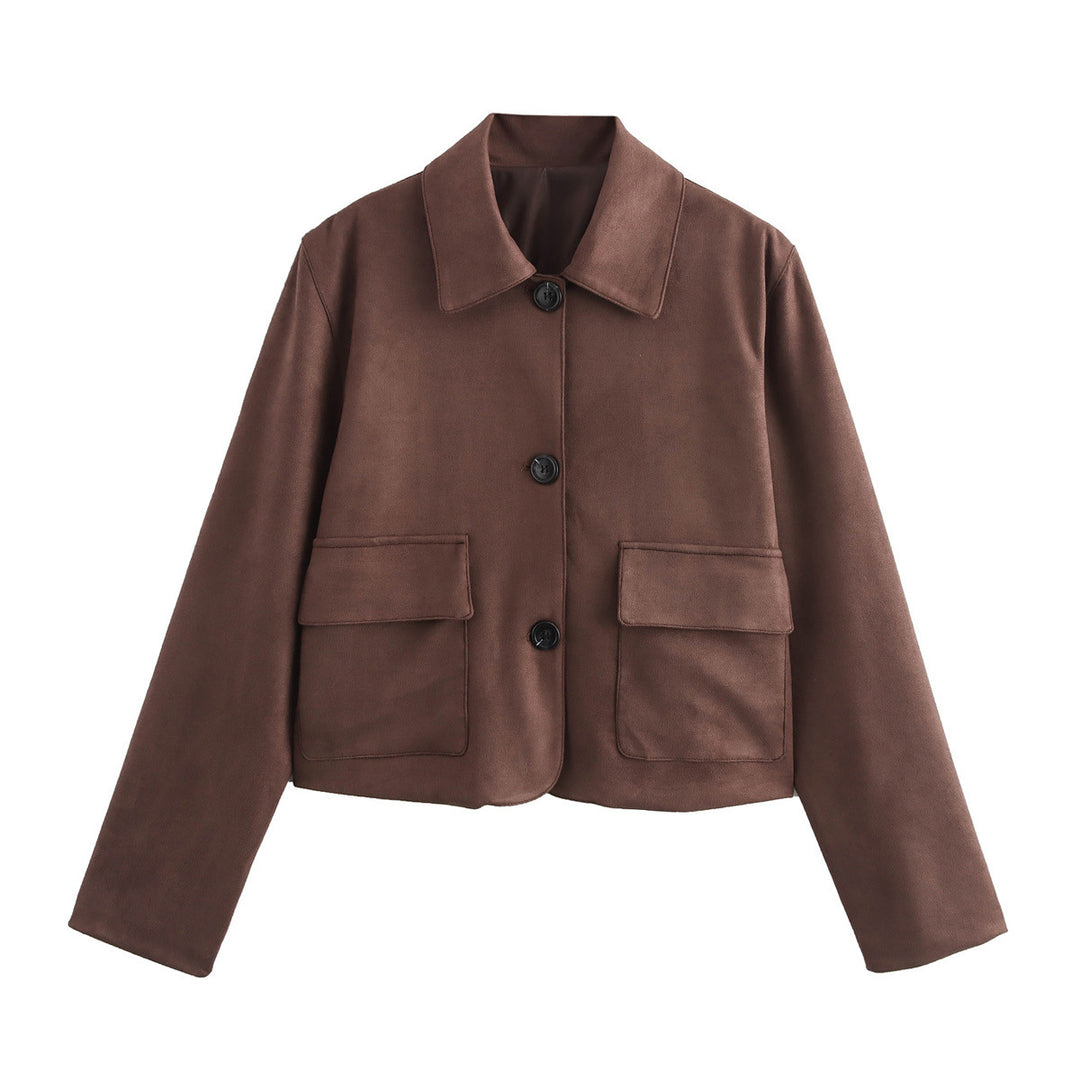 Damen cropped Kurzjacke aus Veloursimitat mit Pattentaschen und Hemdkragen – Célinea