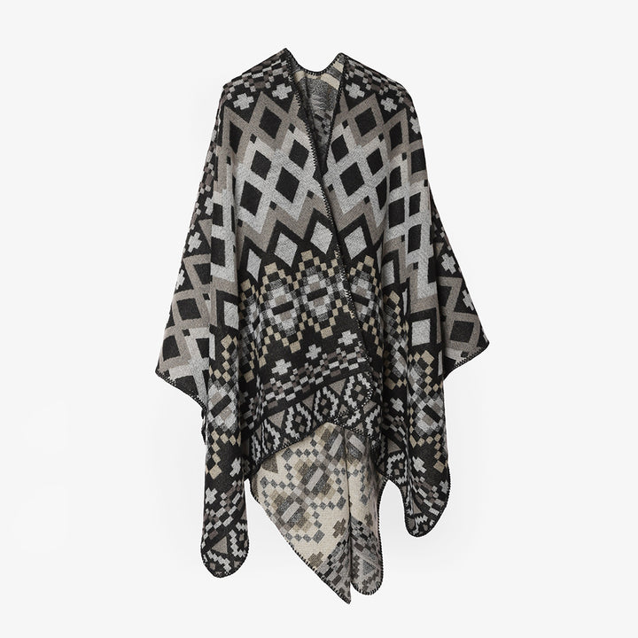 Damen Großflächiger Jacquard-Capeponcho mit geometrisch-ethnischem Muster und kastiger Silhouette – Avérine