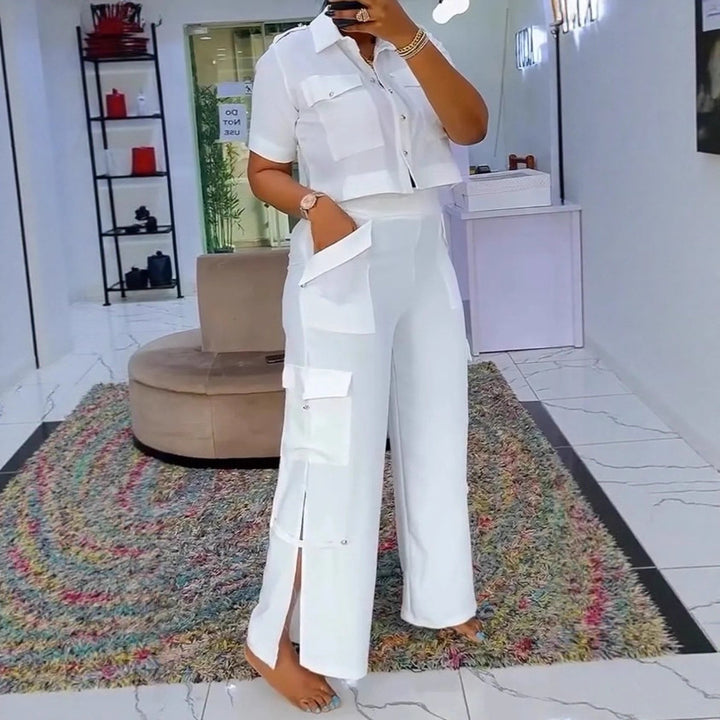 Damen nan zweiteiliges Hemd- und Cargo-Hosen-Set mit kurzem Oversize-Hemd, hoher Taille, weitem Bein und seitlichen Beinschlitzen Echo Archiv